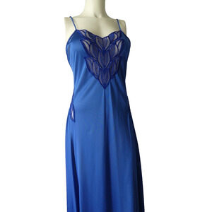 Vtg Henson Kickernick Lace Cutout Nightgown Royal Blue Lingerie Slip Dress Nylon
